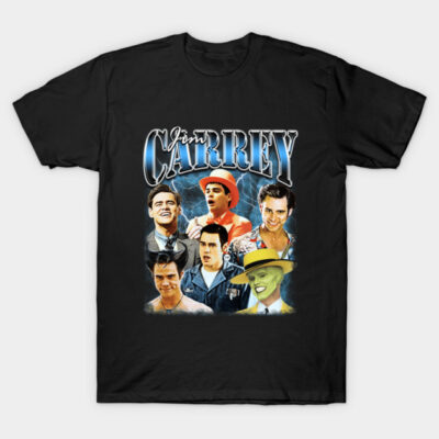 Black graphic t-shirt featuring colorful character collage, cotton material, casual wear, unisex style.
