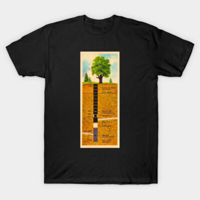 Black unisex t-shirt featuring a colorful tree and soil layers illustration, ideal for casual wear and nature enthusiasts.