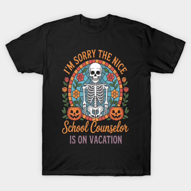 Black Halloween-themed t-shirt with skeleton and pumpkin graphic, floral accents, and playful vacation text.
