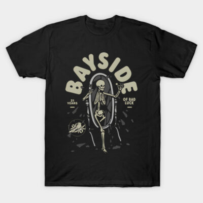 Black graphic tee with skeleton design, "Bayside" text, casual cotton t-shirt for everyday wear.