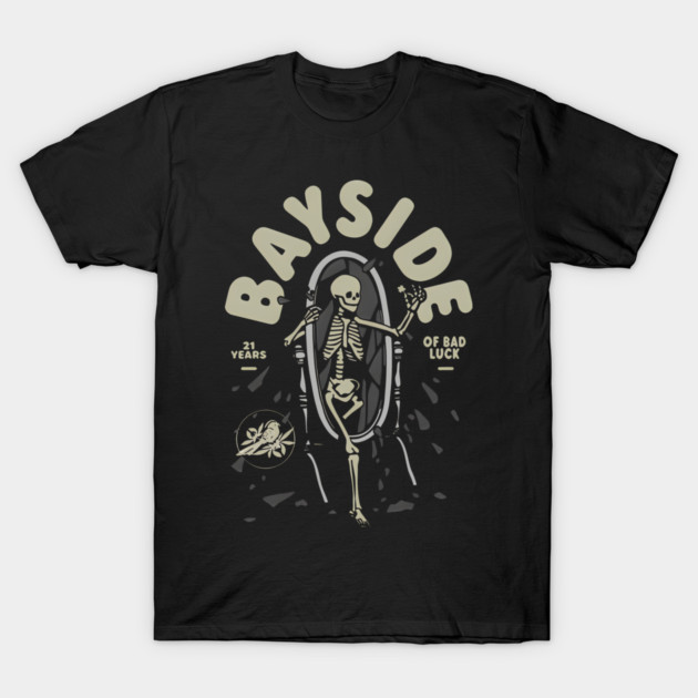 Black graphic tee with skeleton design, "Bayside" text, casual cotton t-shirt for everyday wear.