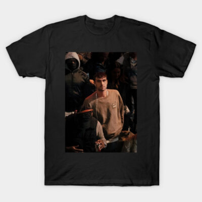 "Black cotton t-shirt featuring a printed design with a crowd scene, casual streetwear style, unisex fit."