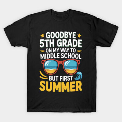 Black t-shirt with colorful "Goodbye 5th Grade" summer design, featuring sunglasses and waves. Perfect for casual wear.