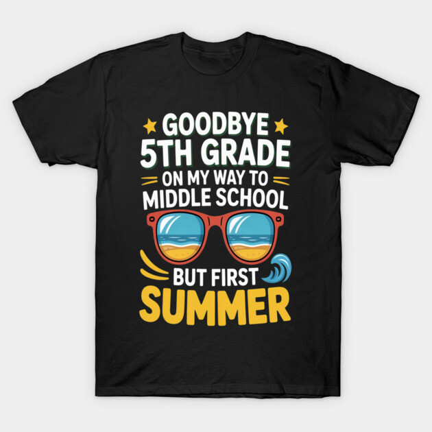 Black t-shirt with colorful "Goodbye 5th Grade" summer design, featuring sunglasses and waves. Perfect for casual wear.