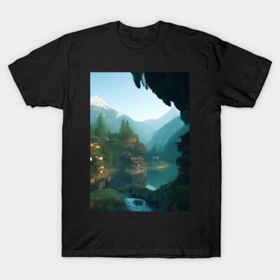 Black t-shirt featuring a serene mountain landscape print, casual style, ideal for nature lovers, made of 100% cotton.