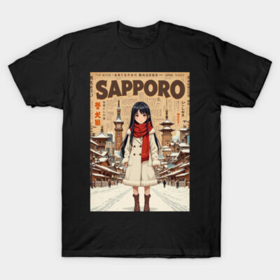 Black graphic T-shirt featuring Sapporo cityscape and anime character design, perfect for casual wear and gifting.