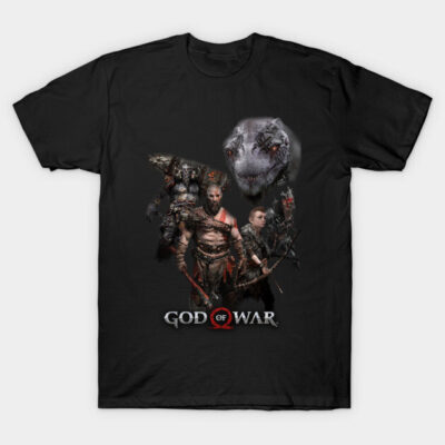 Black God of War graphic t-shirt featuring detailed character design, perfect for fans. Cotton material, casual wear.