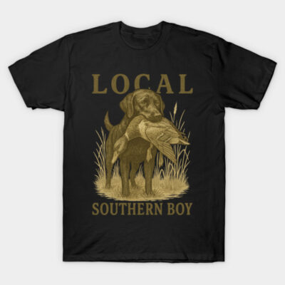 Black t-shirt with vintage hunting dog and duck design, text "Local Southern Boy." Casual wear, cotton material.
