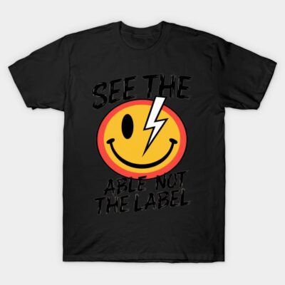 Black T-shirt with yellow smiley face and lightning bolt graphic, text "See the Able Not the Label," casual wear.