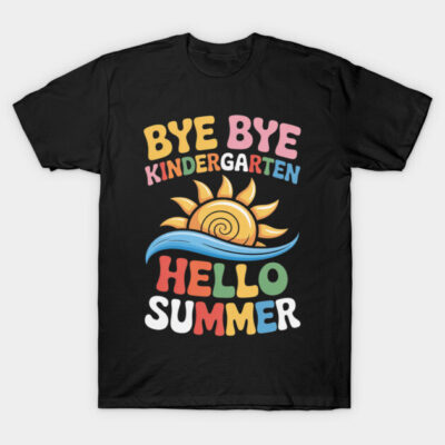 Black "Bye Bye Kindergarten Hello Summer" T-shirt with colorful text and sun design, perfect for kids' summer wear.