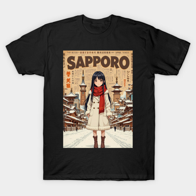 Black graphic T-shirt featuring Sapporo cityscape and anime character design, perfect for casual wear and gifting.