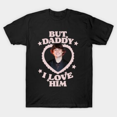 Black novelty T-shirt with pink heart design and "But Daddy I Love Him" text, casual wear, cotton fabric.