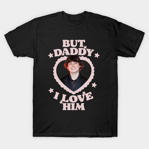Black novelty T-shirt with pink heart design and "But Daddy I Love Him" text, casual wear, cotton fabric.