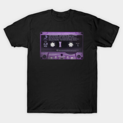 Black t-shirt with vintage purple cassette tape design, retro style, cotton material, casual wear.