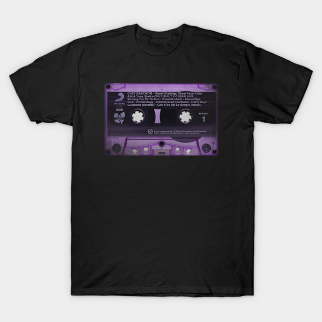 Purple tape, retro, vintage, 90s hip hop T-Shirt 1 Black t-shirt with vintage purple cassette tape design, retro style, cotton material, casual wear.