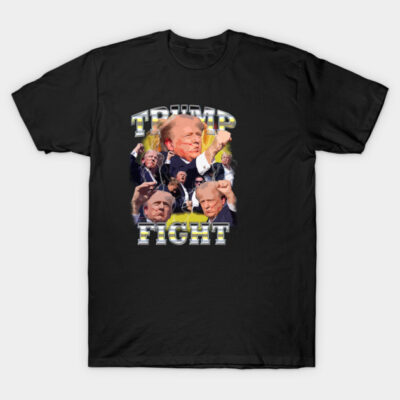 Black graphic t-shirt with bold text and collage design, casual style, comfortable cotton material.