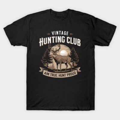 Black vintage hunting club T-shirt with deer and forest graphic, ideal for outdoor enthusiasts, cotton material.