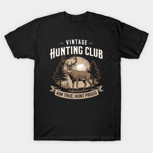 Black vintage hunting club T-shirt with deer and forest graphic, ideal for outdoor enthusiasts, cotton material.