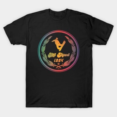 Black t-shirt with colorful Mt Hood 1884 snowboard design, unisex style, casual wear, cotton fabric.