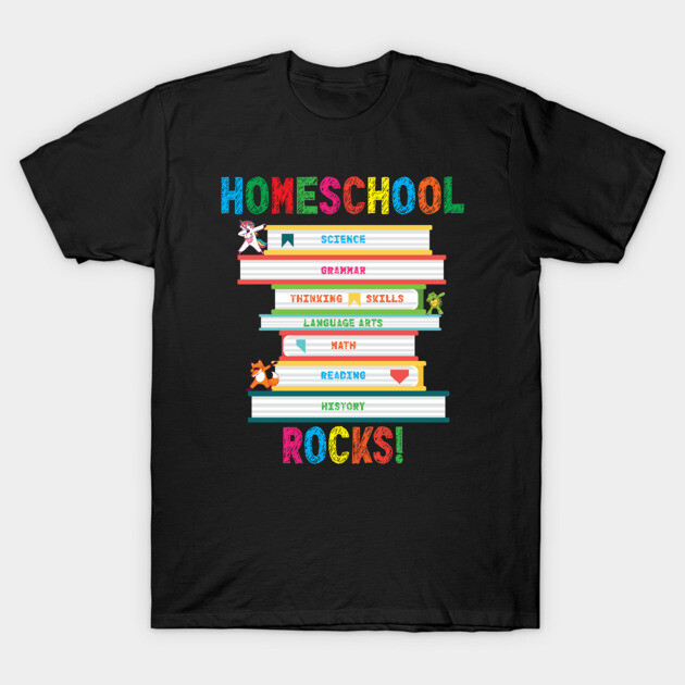 Black t-shirt with colorful "Homeschool Rocks" text and book stack graphic, casual wear, cotton material.