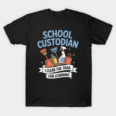 Black "School Custodian" T-shirt with colorful cleaning tools graphic, ideal for casual wear or school events.