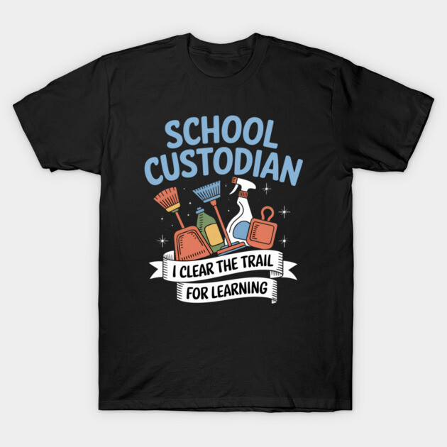 Black "School Custodian" T-shirt with colorful cleaning tools graphic, ideal for casual wear or school events.