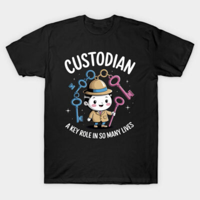 Black custodian-themed t-shirt with cartoon detective design and colorful keys, highlighting key role message.