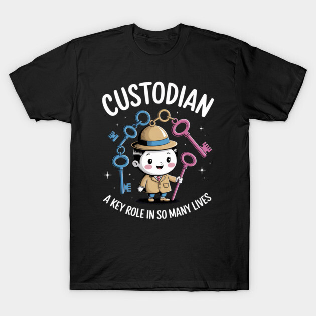 Black custodian-themed t-shirt with cartoon detective design and colorful keys, highlighting key role message.