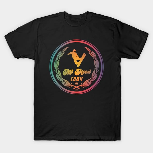 Black t-shirt with colorful Mt Hood 1884 snowboard design, unisex style, casual wear, cotton fabric.