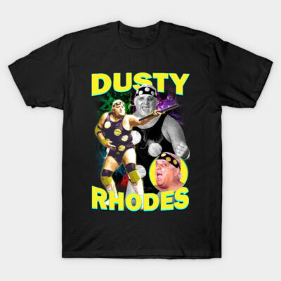 Black graphic t-shirt featuring colorful retro wrestling design, ideal for casual wear and wrestling fans.