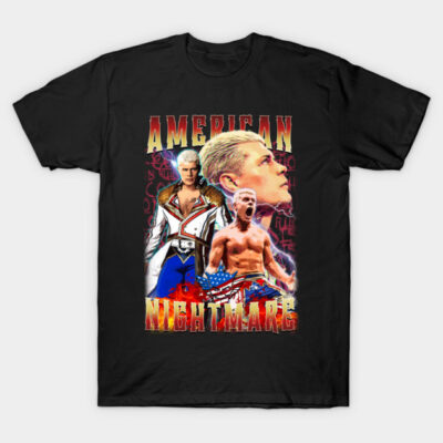 Black graphic t-shirt with bold "American Nightmare" design featuring colorful illustrations, ideal for casual wear.