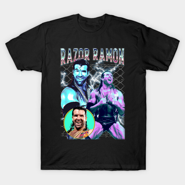 Black "Razor Ramon" graphic t-shirt featuring retro-style wrestler design, perfect for casual wear or fan collections.