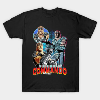 Black "Suburban Commando" graphic t-shirt, featuring retro action design, perfect for casual wear or fan collectors.