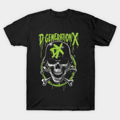 Black D-Generation X graphic t-shirt with skull and crossbones design, green lettering, casual wear.