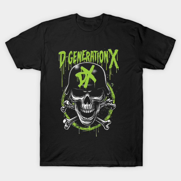Black D-Generation X graphic t-shirt with skull and crossbones design, green lettering, casual wear.