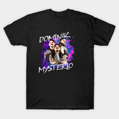 Black graphic t-shirt with bold purple and white design, featuring text and artistic imagery, casual wear.