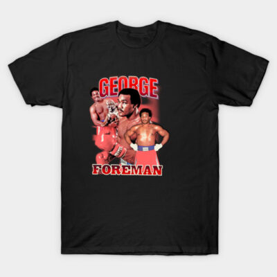 "Black graphic t-shirt featuring vintage boxing theme, red accents, casual style, cotton material, perfect for sports fans."