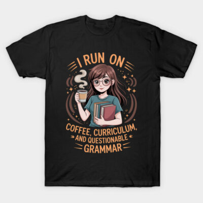 Black t-shirt with fun teacher-themed graphic, featuring coffee and books. Ideal for educators, made of soft cotton.