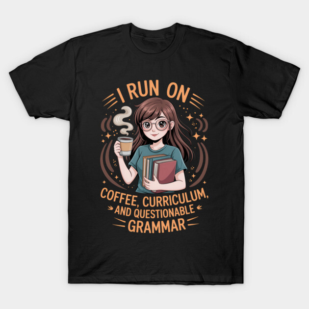 Black t-shirt with fun teacher-themed graphic, featuring coffee and books. Ideal for educators, made of soft cotton.
