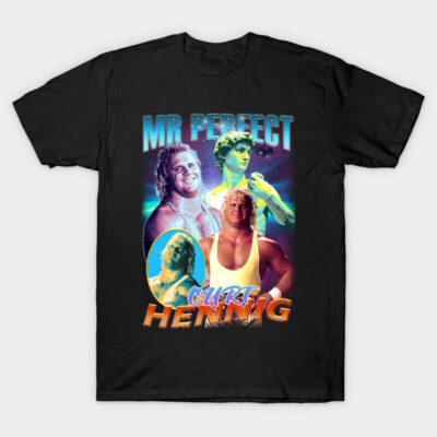 Black graphic t-shirt featuring vintage wrestling design with bold text, ideal for casual wear or fans of retro styles.