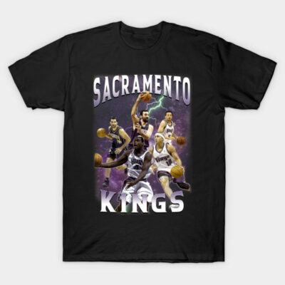 "Black Sacramento Kings basketball graphic t-shirt, featuring dynamic player design, perfect for sports fans."
