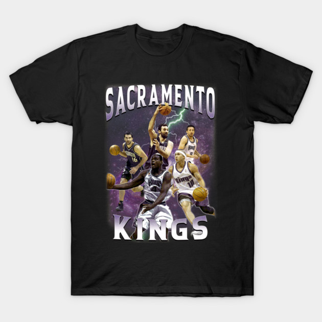 "Black Sacramento Kings basketball graphic t-shirt, featuring dynamic player design, perfect for sports fans."