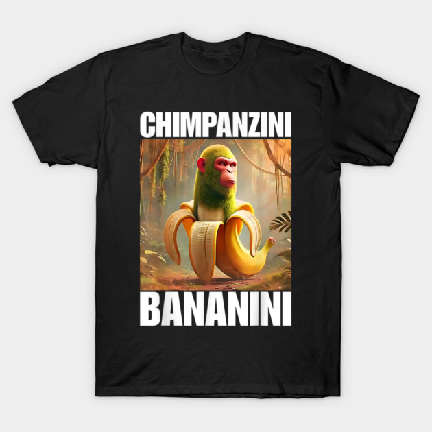 Black T-shirt with cartoon chimpanzee in banana suit, jungle theme, humorous graphic design, unisex casual wear.