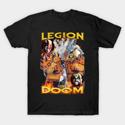 Black "Legion of Doom" graphic t-shirt featuring bold design, perfect for casual wear and fans of classic wrestling themes.
