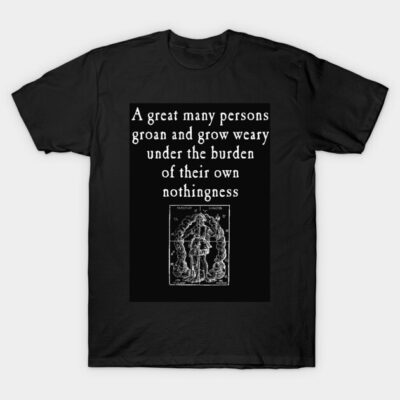 Black graphic t-shirt with philosophical quote, vintage illustration, casual wear, soft cotton fabric.