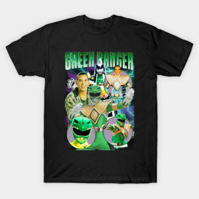Black t-shirt featuring Green Ranger graphic design, perfect for fans, made of soft cotton, ideal for casual wear.
