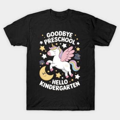 Black T-shirt with colorful unicorn design, "Goodbye Preschool Hello Kindergarten" text, perfect for kids' school transition.