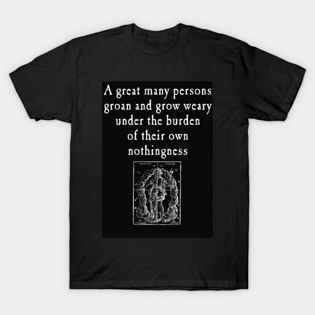 Black graphic t-shirt with philosophical quote, vintage illustration, casual wear, soft cotton fabric.