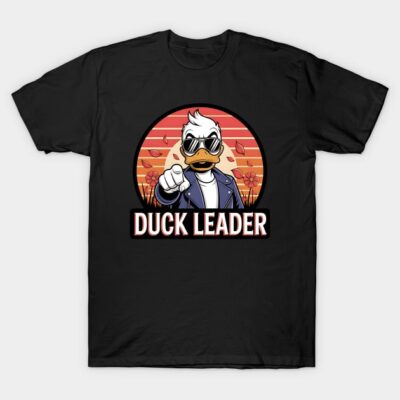 Black t-shirt with cartoon duck in sunglasses and "Duck Leader" text, featuring sunset and floral design.
