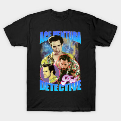 Black graphic T-shirt featuring colorful Ace Ventura Pet Detective design, suitable for casual wear.